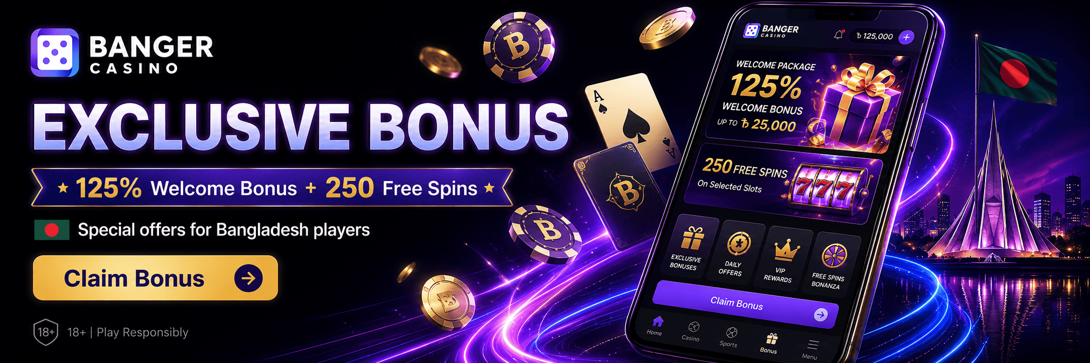 Banger Casino বোনাস – ১২৫% ওয়েলকাম বোনাস এবং ২৫০ ফ্রি স্পিনস